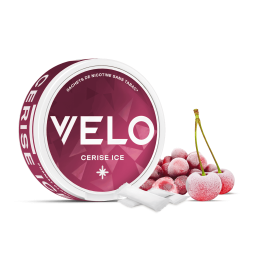 Boîte 3D de profil des sachets de nicotine VELO saveur Cerise Ice Mini 6mg avec visuel de la saveur. 