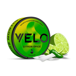 Boîte 3D de profil des sachets de nicotine VELO saveur Citron Epicé Slim 8mg avec visuel de la saveur. 