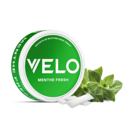 Boîte 3D de profil des sachets de nicotine VELO saveur Menthe Fresh Mini 4mg avec visuel de la saveur. 