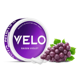 Boîte 3D de profil des sachets de nicotine VELO saveur Raisin Violet Mini 6mg avec visuel de la saveur. 