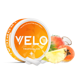 Boîte 3D de profil des sachets de nicotine VELO saveur Tropical Ice Mini 6mg avec visuel de la saveur. 