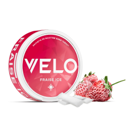 Boîte 3D de profil des sachets de nicotine VELO saveur Fraise Ice Mini 6mg avec visuel de la saveur. 