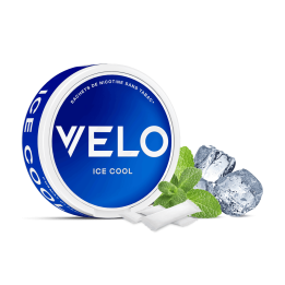 Boîte 3D de profil des sachets de nicotine VELO saveur Ice Cool Slim 10mg avec visuel de la saveur. 
